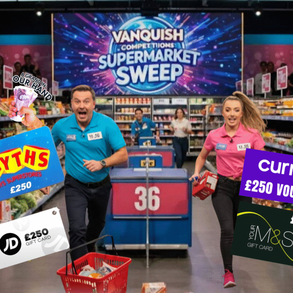 Vanquish competition's supermarket sweep, £1000 worth of shopping vouchers plus 10 cash instant wins