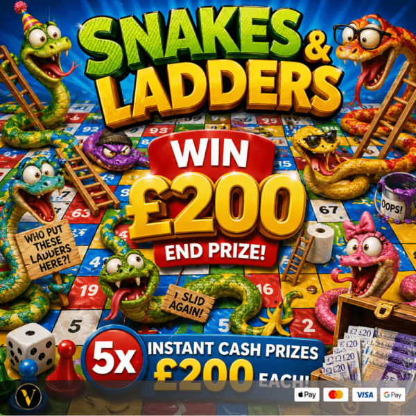SNAKES N LADDERS, £200 END PRIZE PLUS 5 X £200 INSTANT CASH PRIZES ONLY 2P