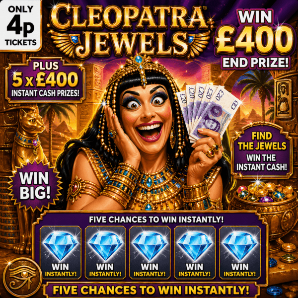 CLEOPATRA JEWELS £400 END PRIZE PLUS 5 X £400 INSTANT CASH PRIZES ONLY 4P