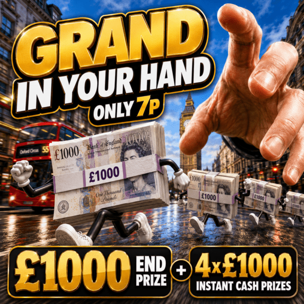 GRAND IN YOUR HAND £1000 END PRIZE, 4 X £1000 INSTANT CASH PRIZES ONLY 7P