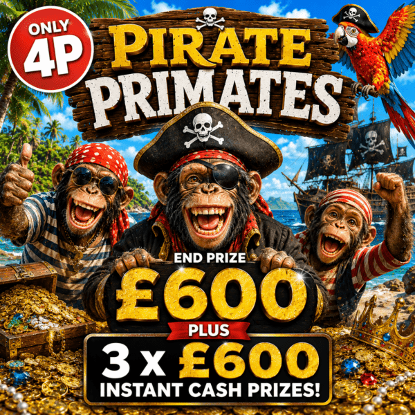 PIRATE PRIMATES £600 END PRIZE PLUS 3 X £600 INSTANT CASH ONLY 4P!