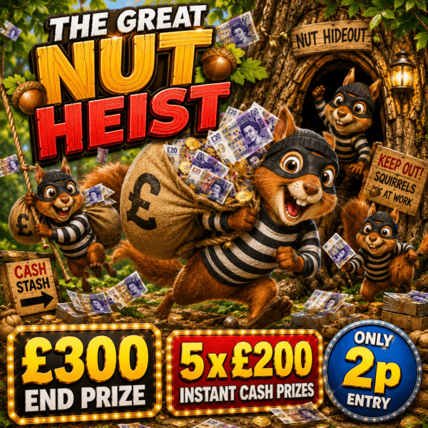 THE GREAT NUT HEIST £300 END PRIZE PLUS 5 X £200 INSTANT CASH ONLY 2P