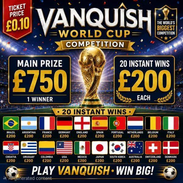 VANQUISH WORLD CUP COMPETITION £750 PLUS 20 X £200 INSTANT CASH ONLY 10P