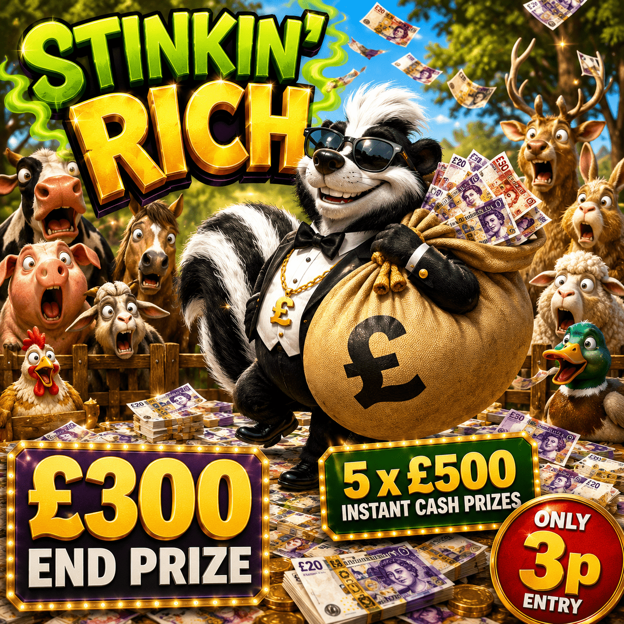 STINKIN RICH, £300 END PRIZE PLUS 5 X £500 INSTANT CASH PRIZES